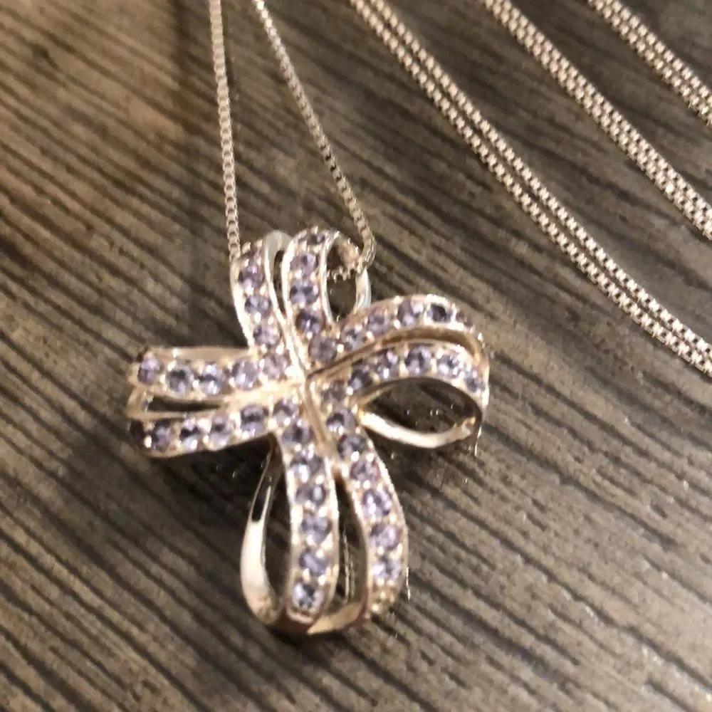 Vintage Loopy Bow Cross Necklace with Pale Purple Stones Sterling Silver